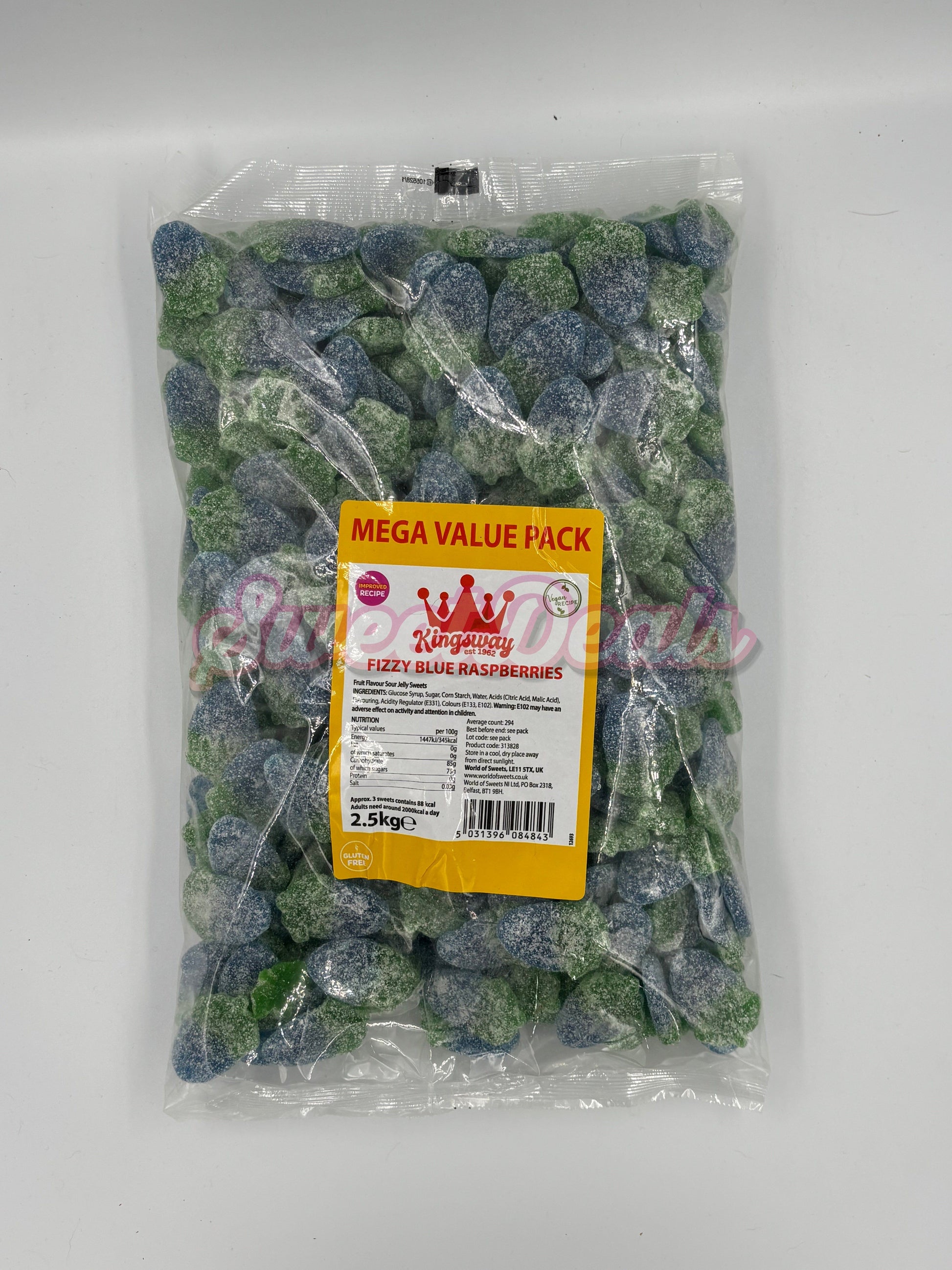 Kingsway Mega Value Vegan Fizzy Blue Raspberries FULL BAG 2.5KG - Sweet Deals